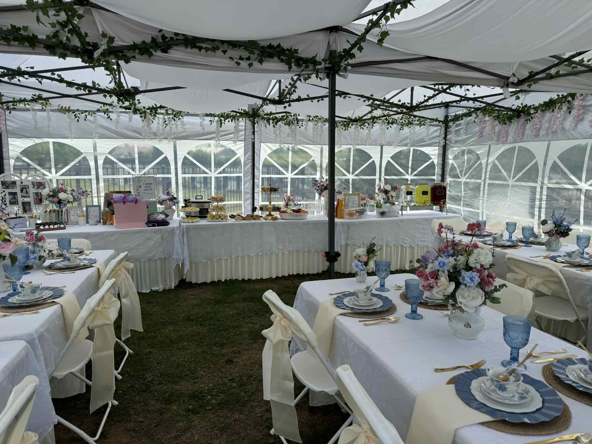 Bridal shower setup with rentals and decor in the Augusta area